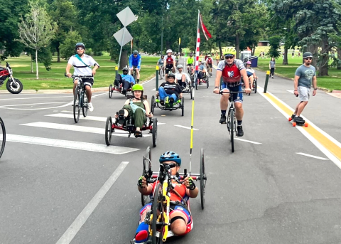 Image provided by Adaptive Adventures. Adaptive cyclers from an Adaptive Adventures cycling event on the mainland.