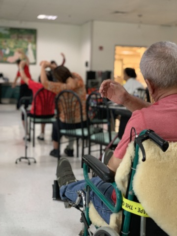 Elderly people sitting in chairs and stretching