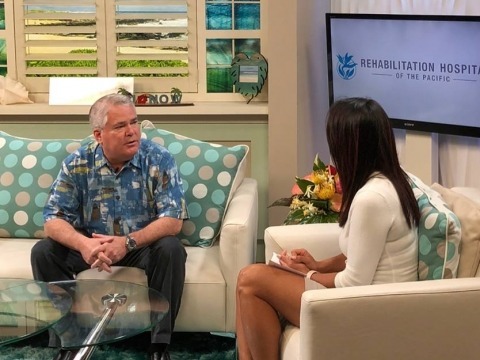 HI Now host, Kanoe Gibson, interviewing REHAB's President & CEO, Dr. Timothy Roe